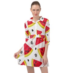 Cute Smiling Watermelon Seamless Pattern White Background Mini Skater Shirt Dress by Simbadda