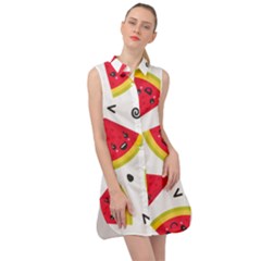 Cute Smiling Watermelon Seamless Pattern White Background Sleeveless Shirt Dress by Simbadda