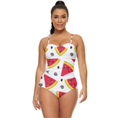 Cute Smiling Watermelon Seamless Pattern White Background Retro Full Coverage Swimsuit by Simbadda