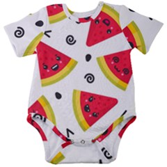 Cute Smiling Watermelon Seamless Pattern White Background Baby Short Sleeve Bodysuit by Simbadda