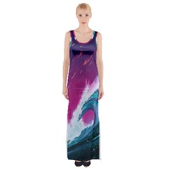 Tsunami Waves Ocean Sea Nautical Nature Water Unique Thigh Split Maxi Dress by Simbadda