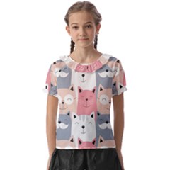 Cute Seamless Pattern With Cats Kids  Frill Chiffon Blouse by Simbadda