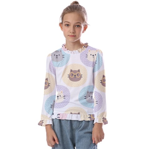 Cute Cat Seamless Pattern Background Kids  Frill Detail Tee by Simbadda