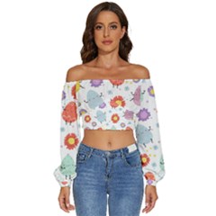 Easter Seamless Pattern With Cute Eggs Flowers Long Sleeve Crinkled Weave Crop Top by Simbadda