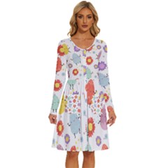 Easter Seamless Pattern With Cute Eggs Flowers Long Sleeve Dress With Pocket by Simbadda