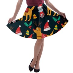 Funny Christmas Pattern Background A-line Skater Skirt by Simbadda