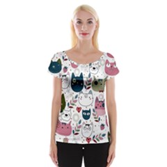 Pattern With Cute Cat Heads Cap Sleeve Top by Simbadda