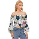 Pattern With Cute Cat Heads Off Shoulder Flutter Bell Sleeve Top View3