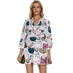 Pattern With Cute Cat Heads V-neck Placket Mini Dress by Simbadda