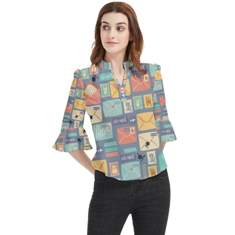 Pattern Postal Stationery Loose Horn Sleeve Chiffon Blouse by Simbadda