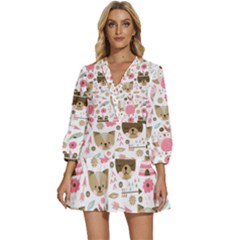 Pink Animals Pattern V-neck Placket Mini Dress by Simbadda