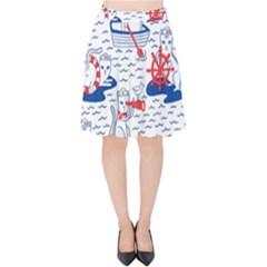 Nautical Cats Seamless Pattern Velvet High Waist Skirt by Simbadda