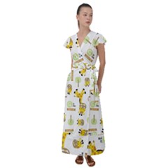 Vector Pattern With Cute Giraffe Cartoon Flutter Sleeve Maxi Dress by Simbadda