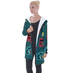 Seamless Pattern Hand Drawn With Vehicles Buildings Road Longline Hooded Cardigan by Simbadda