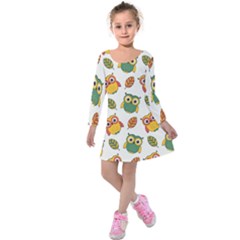 Background-with-owls-leaves-pattern Kids  Long Sleeve Velvet Dress by Simbadda