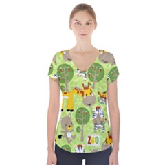 Funny Animals Cartoon Short Sleeve Front Detail Top by Simbadda