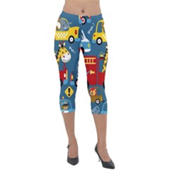 Seamless Pattern Vehicles Cartoon With Funny Drivers Lightweight Velour Capri Leggings  by Simbadda