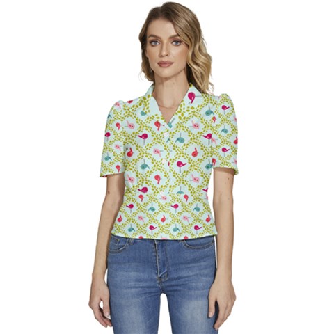 Birds Pattern Background Puffed Short Sleeve Button Up Jacket by Simbadda