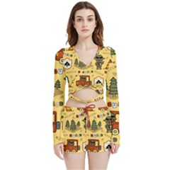 Seamless Pattern Funny Ranger Cartoon Velvet Wrap Crop Top And Shorts Set by Simbadda