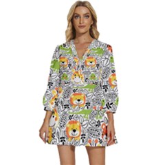 Seamless Pattern With Wildlife Cartoon V-neck Placket Mini Dress by Simbadda