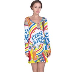 Colorful City Life Horizontal Seamless Pattern Urban City Long Sleeve Nightdress by Simbadda