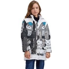 Cute Cat Hand Drawn Cartoon Style Kids  Hooded Longline Puffer Jacket by Simbadda