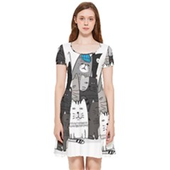 Cute Cat Hand Drawn Cartoon Style Inside Out Cap Sleeve Dress by Simbadda