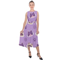 Cute-colorful-cat-kitten-with-paw-yarn-ball-seamless-pattern Midi Tie-back Chiffon Dress by Simbadda