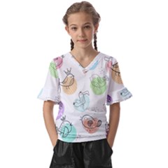 Cartoon-bird-cute-doodle-bird Kids  V-neck Horn Sleeve Blouse by Simbadda