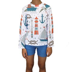 Nautical-elements-pattern-background Kids  Long Sleeve Swimwear by Simbadda