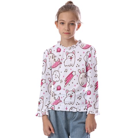 Cute-animals-seamless-pattern-kawaii-doodle-style Kids  Frill Detail Tee by Simbadda