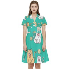 Seamless-pattern-cute-cat-cartoon-with-hand-drawn-style Short Sleeve Waist Detail Dress by Simbadda