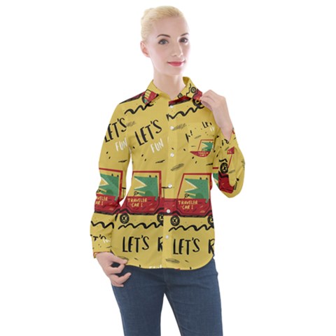 Childish-seamless-pattern-with-dino-driver Women s Long Sleeve Pocket Shirt by Simbadda