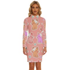 Cute-kawaii-kittens-seamless-pattern Long Sleeve Shirt Collar Bodycon Dress by Simbadda