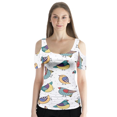 Seamless-pattern-with-hand-drawn-bird-black Butterfly Sleeve Cutout Tee  by Simbadda