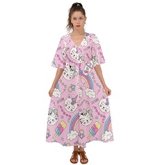 Beautiful-cute-animals-pattern-pink Kimono Sleeve Boho Dress by Simbadda