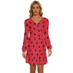 Seamless-watermelon-surface-texture Long Sleeve Waist Tie Ruffle Velvet Dress by Simbadda