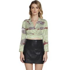 Sloths-pattern-design Long Sleeve Tie Back Satin Wrap Top by Simbadda