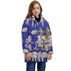 Hand-drawn-cute-sloth-pattern-background Kids  Hooded Longline Puffer Jacket by Simbadda