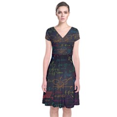 Mathematical-colorful-formulas-drawn-by-hand-black-chalkboard Short Sleeve Front Wrap Dress by Simbadda