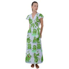 Cute-green-frogs-seamless-pattern Flutter Sleeve Maxi Dress by Simbadda