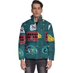 Seamless-pattern-hand-drawn-with-vehicles-buildings-road Men s Puffer Bubble Jacket Coat by Simbadda