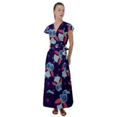 Owl-pattern-background Flutter Sleeve Maxi Dress by Simbadda