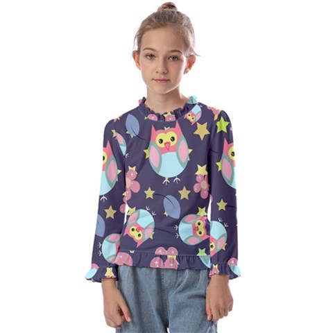 Owl-stars-pattern-background Kids  Frill Detail Tee by Simbadda