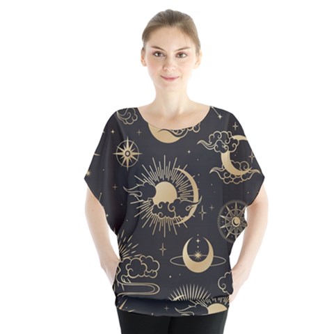Asian Seamless Pattern With Clouds Moon Sun Stars Vector Collection Oriental Chinese Japanese Korean Batwing Chiffon Blouse by Bangk1t