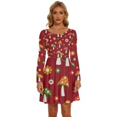 Woodland Mushroom And Daisy Seamless Pattern On Red Backgrounds Long Sleeve Wide Neck Velvet Dress by Amaryn4rt