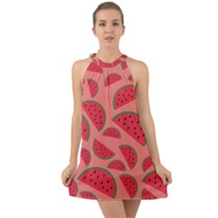 Watermelon Red Food Fruit Healthy Summer Fresh Halter Tie Back Chiffon Dress by pakminggu