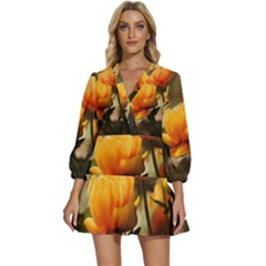 Yellow Butterfly Flower V-neck Placket Mini Dress by artworkshop