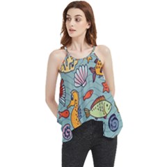 Cartoon Underwater Seamless Pattern With Crab Fish Seahorse Coral Marine Elements Flowy Camisole Tank Top by Grandong