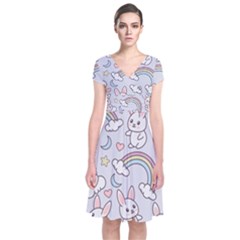 Seamless-pattern-with-cute-rabbit-character Short Sleeve Front Wrap Dress by pakminggu